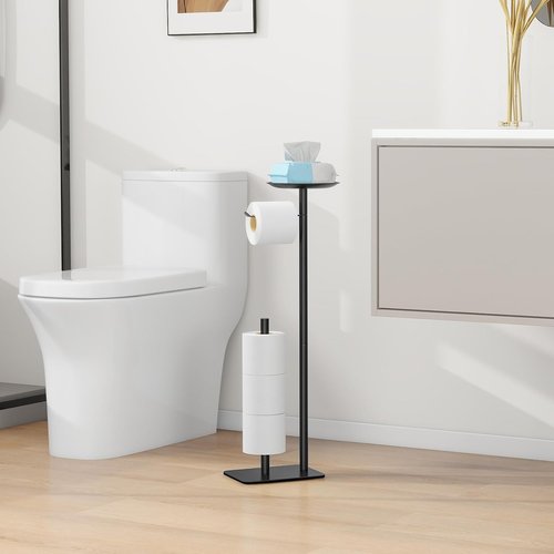 Feilern Toilet Paper Holder Stand - Floor Standing Dispenser with Top Shelf Storage - Black