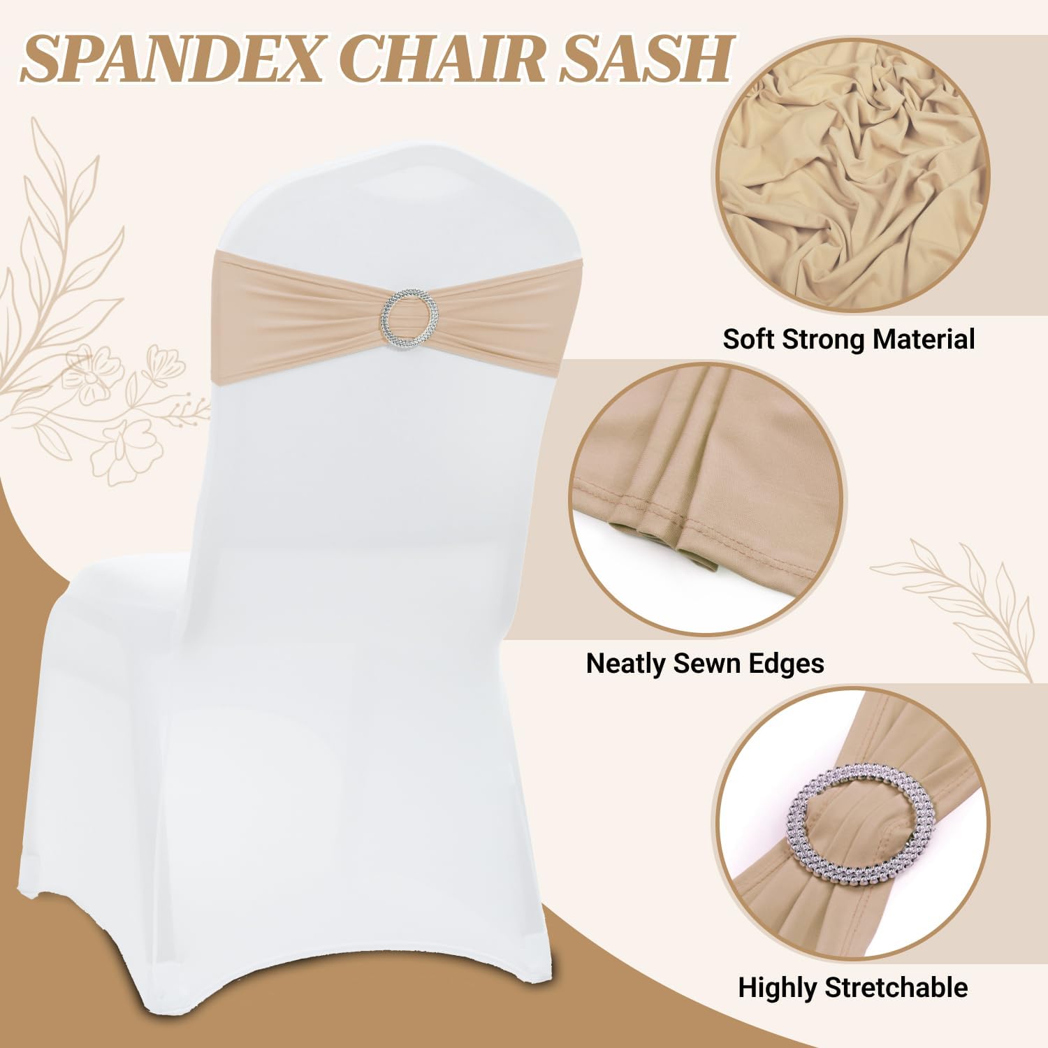 MDS Spandex Chair Sashes - Premium Stretch Covers with Buckle Slider for Weddings | 50 Pack - Champagne Gold
