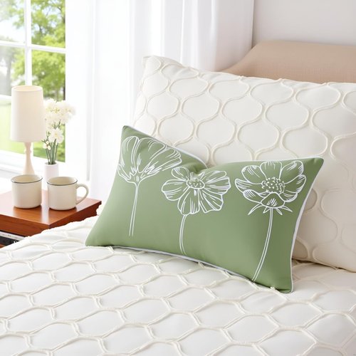 Sunkifover Decorative Floral Lumbar Pillow Cover 12x20 Inch Sage Green and White Cotton Embroidery Flower Throw Pillowcase Cushion Cover for Bed Bedroom, Living Room, Sofa