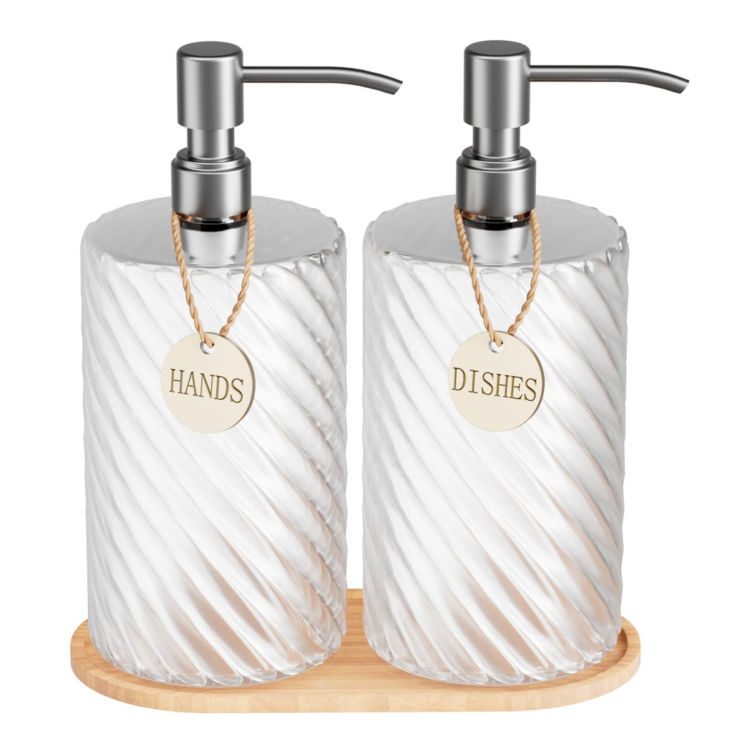 18Oz Spiral Stripe Soap Dispenser Set - Silver Stainless Steel Pump with Wood Tray, Refillable for Kitchen Sink & Bathroom Vanity, Dish Liquid & Hand Soap Storage Solution
