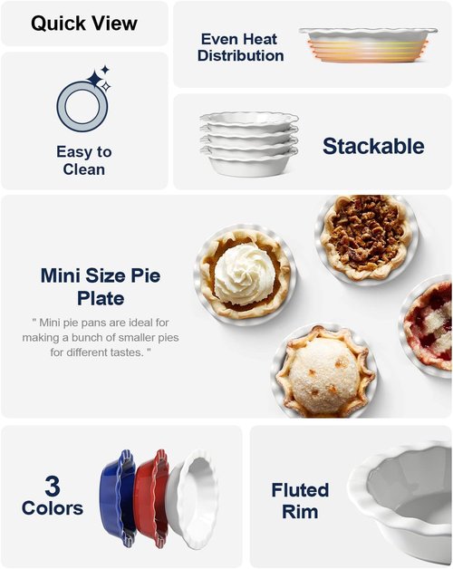 LE TAUCI Mini Pie Pans - 6.5 Inch Ceramic Pie Dish Set of 6 | Ruffled Edge, 12 Ounce Individual Bowls