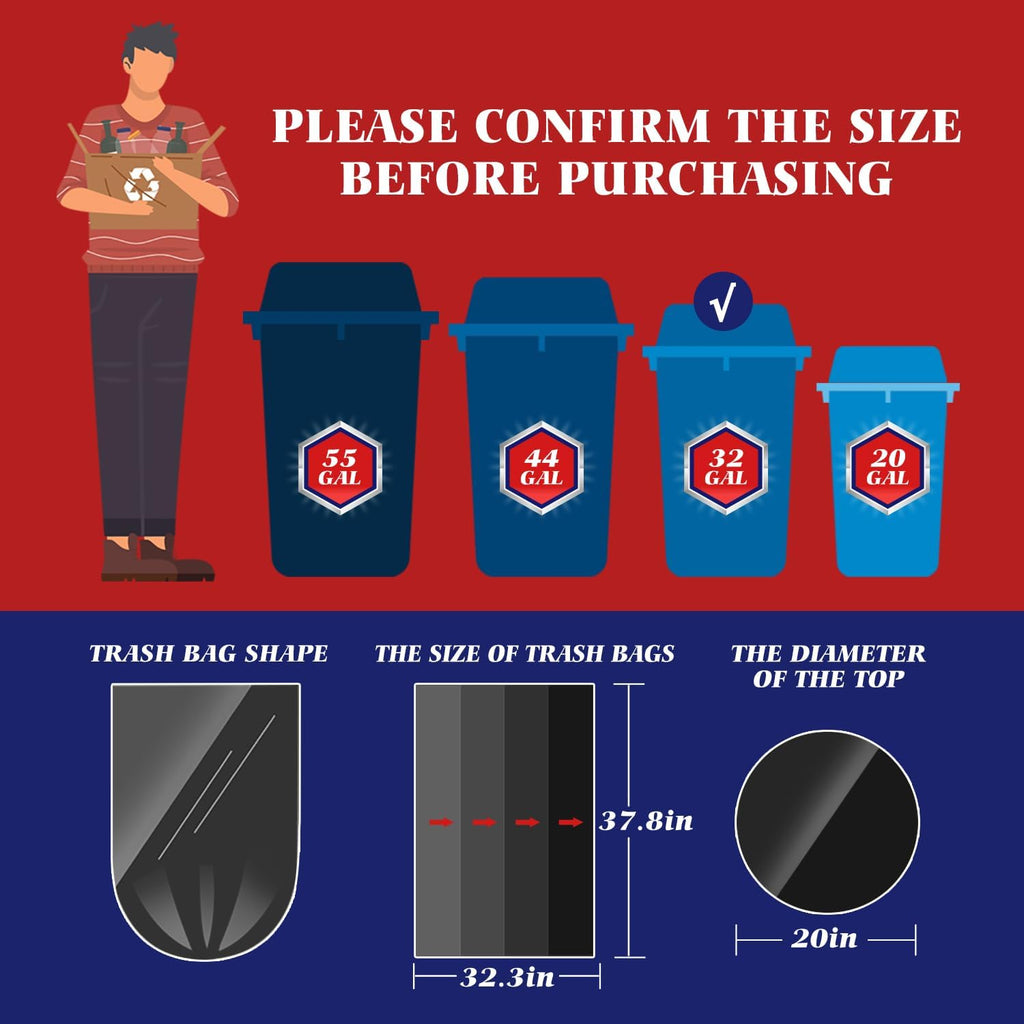 Teivio Large Black Trash Bags - 30-33 Gallon | 40 Count All-Purpose Garbage Liners for Home & Office