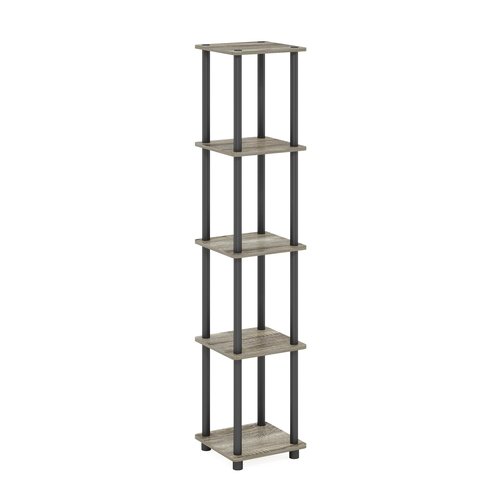 FURINNO Turn-N-Tube 5-Tier Corner Square Rack Display Shelf, Round, French Oak Grey/Black