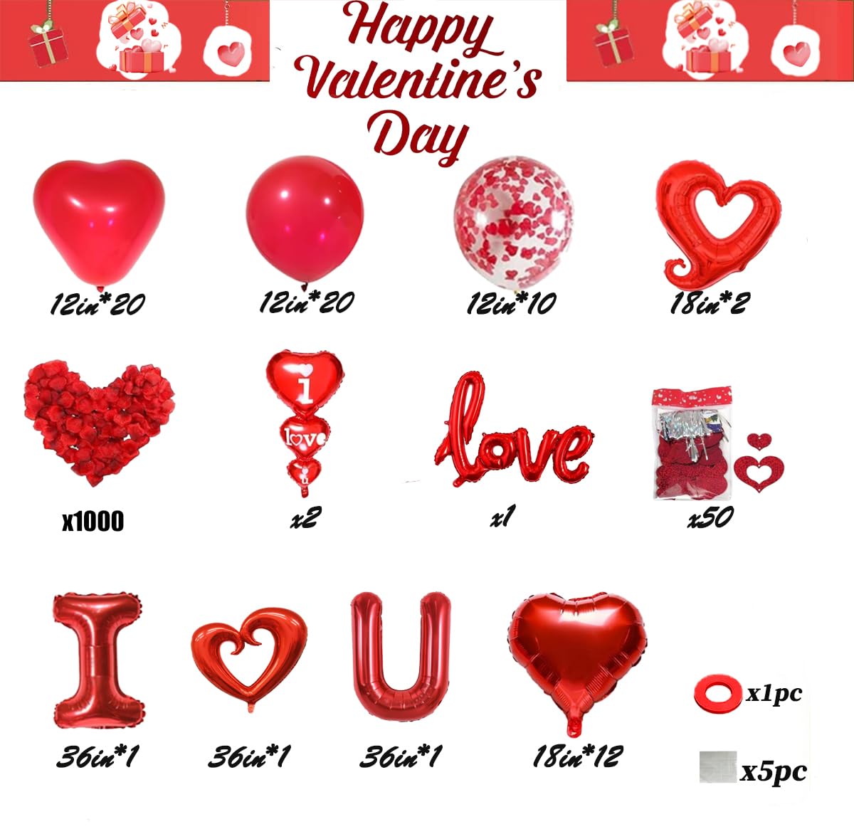 36in I Love You for Her/Him Balloons, 1126pcs Happy Anniversary Decorations with Red Heart Confetti Balloons Rose Petals, Heart Hanging for Valentines Anniversary Day Wedding Romantic Special Night