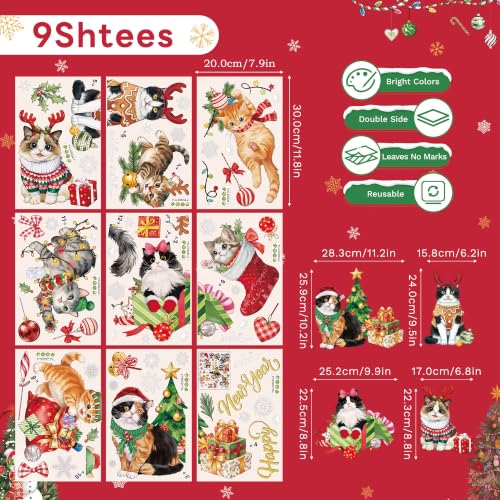 Christmas Window Clings - Cat Theme Double-Sided Holiday Decor, 9 Sheets - Black Cat Variation