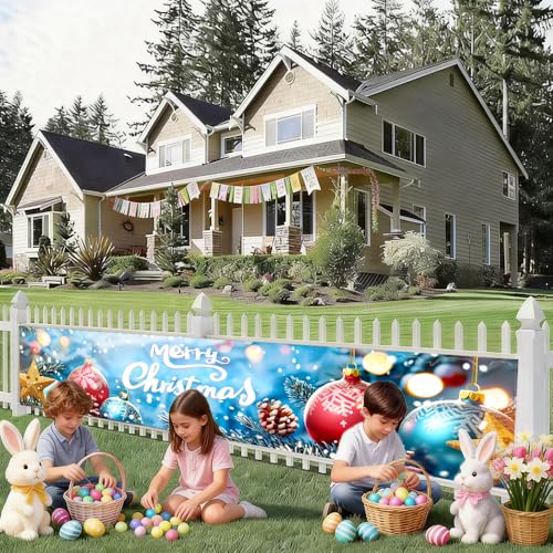 Christmas Outdoor Banner 78.7 x 17.7 Inch with Ornaments & Snowflakes