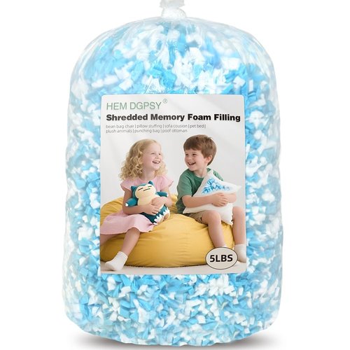 Hem Dgpsy Shredded Memory Foam Filling - Premium Soft Bean Bag Filler, 5lbs Blue & White Pillow Stuffing for Couch Cushion, Dog Bed, Chair - High Density, No Chemical Smell, Easy to Use