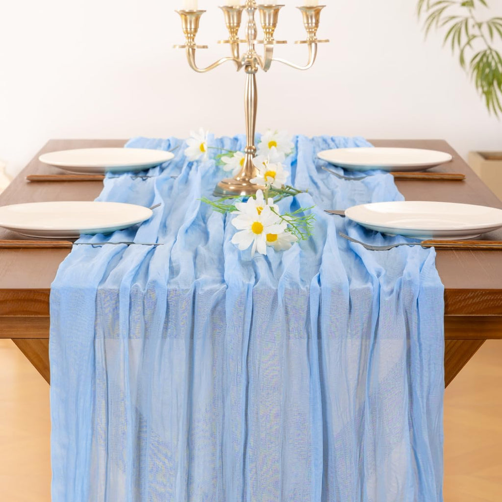 Socomi Blue Cheesecloth Table Runner - 120 Inch Light Blue Boho Rustic Decor for Weddings & Events