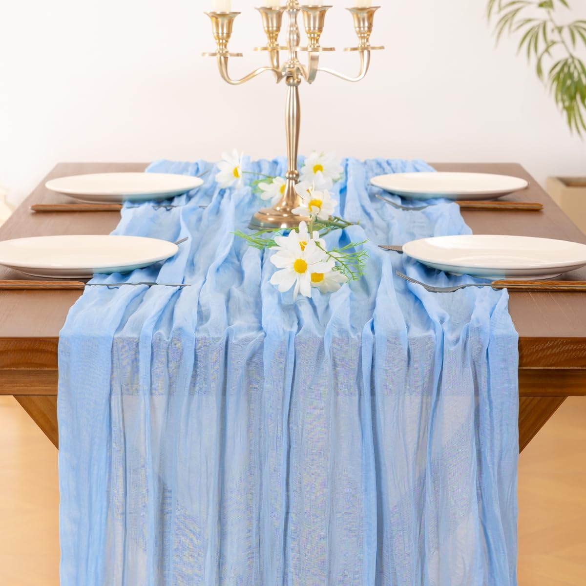 Socomi Blue Cheesecloth Table Runner - 120 Inch Light Blue Boho Rustic Decor for Weddings & Events