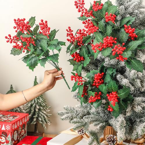Artificial Christmas Poinsettia Flowers with Berry Stems Set - 12 Pieces