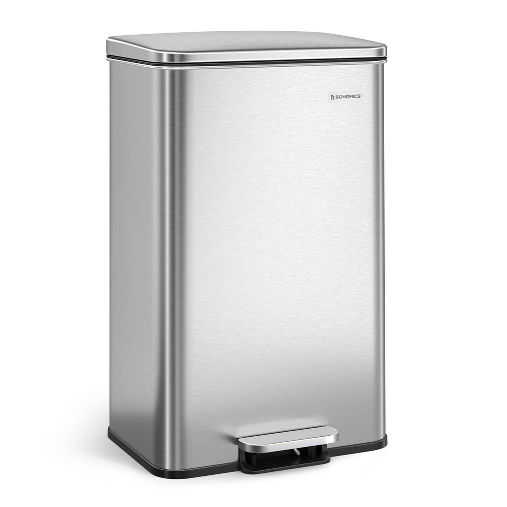 SONGMICS Kitchen Trash Can, 10.5 Gallon (40 L) Garbage Can, Large Step Trash Bin with Lid, Stainless Steel, Soft Close, 15 Trash Bags Included, Silver ULTB540E40