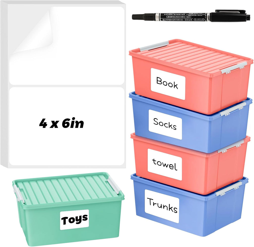 Skiennix 100 Pcs Storage Bin Labels - Large 6x4 Inch Adhesive Stickers with Removable Marker