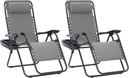 JEAREY Oversized Zero Gravity Lounge Chairs - Adjustable Steel Mesh Recliners with Pillows & Cup Holders | Set of 2, Light Grey