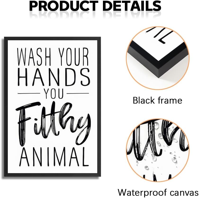 Skiennix Framed Black And White Bathroom Wall Art - Funny "Wash Your Hands" Poster | Modern Minimalist Canvas Print