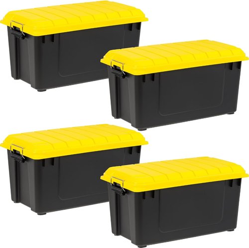 IRIS USA WeatherPro 21 Gallon Lockable Storage Bins - Heavy Duty, Stackable Organizing Tubs | Black/Yellow, 4 Pack