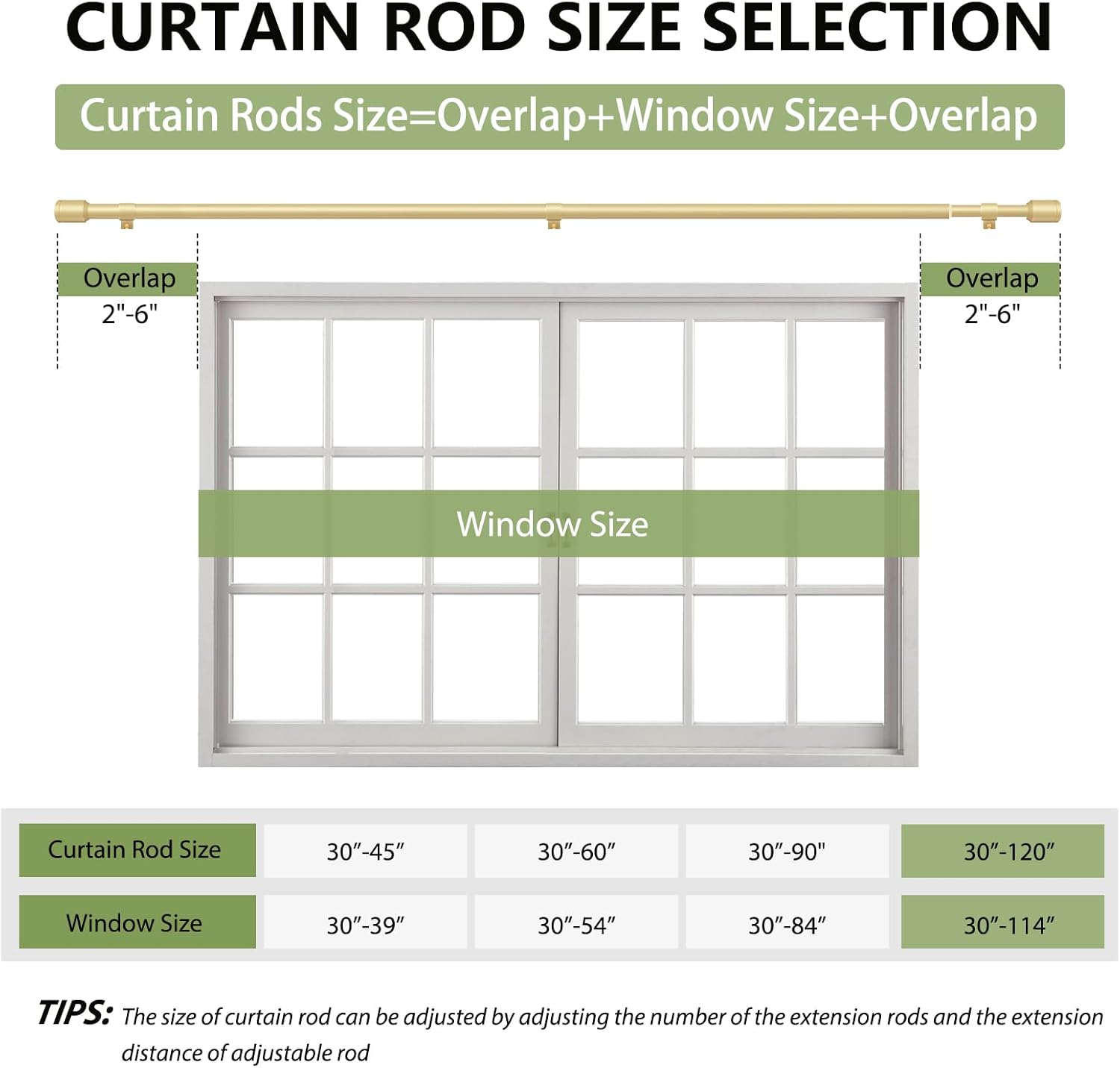 Skiennix Adjustable Curtain Rods - 30-120 Inch, Gold Finish for 30-114 Inch Windows | Includes Brackets
