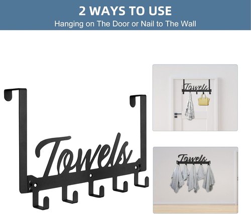 Azmoncy Over The Door Hooks - Heavy Duty Towel Rack with 5 Coat Hooks | Black, Ideal for Bathroom & Kitchen