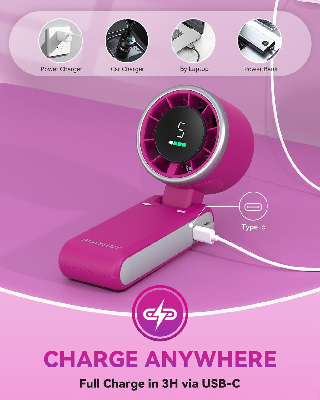 PlayHot Portable Handheld Turbo Fan - 5-Speed Rechargeable Personal Fan | 5000mAh Battery, 12-Hour Run Time, 3-in-1 Design (Magenta)