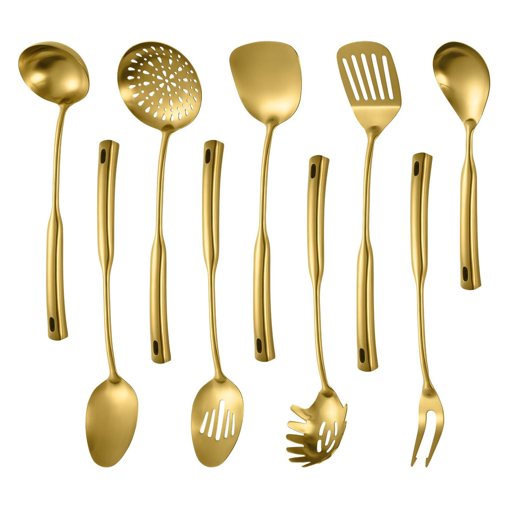 304 Stainless Steel Kitchen Cooking Utensils Set - 9 PCS Serving Utensils, Include Skimmer, Soup Ladle, Spaghetti Server, Wok Spatula, Slotted & Solid Spoon, Slotted Spatula Turner, Meat Fork (Gold）