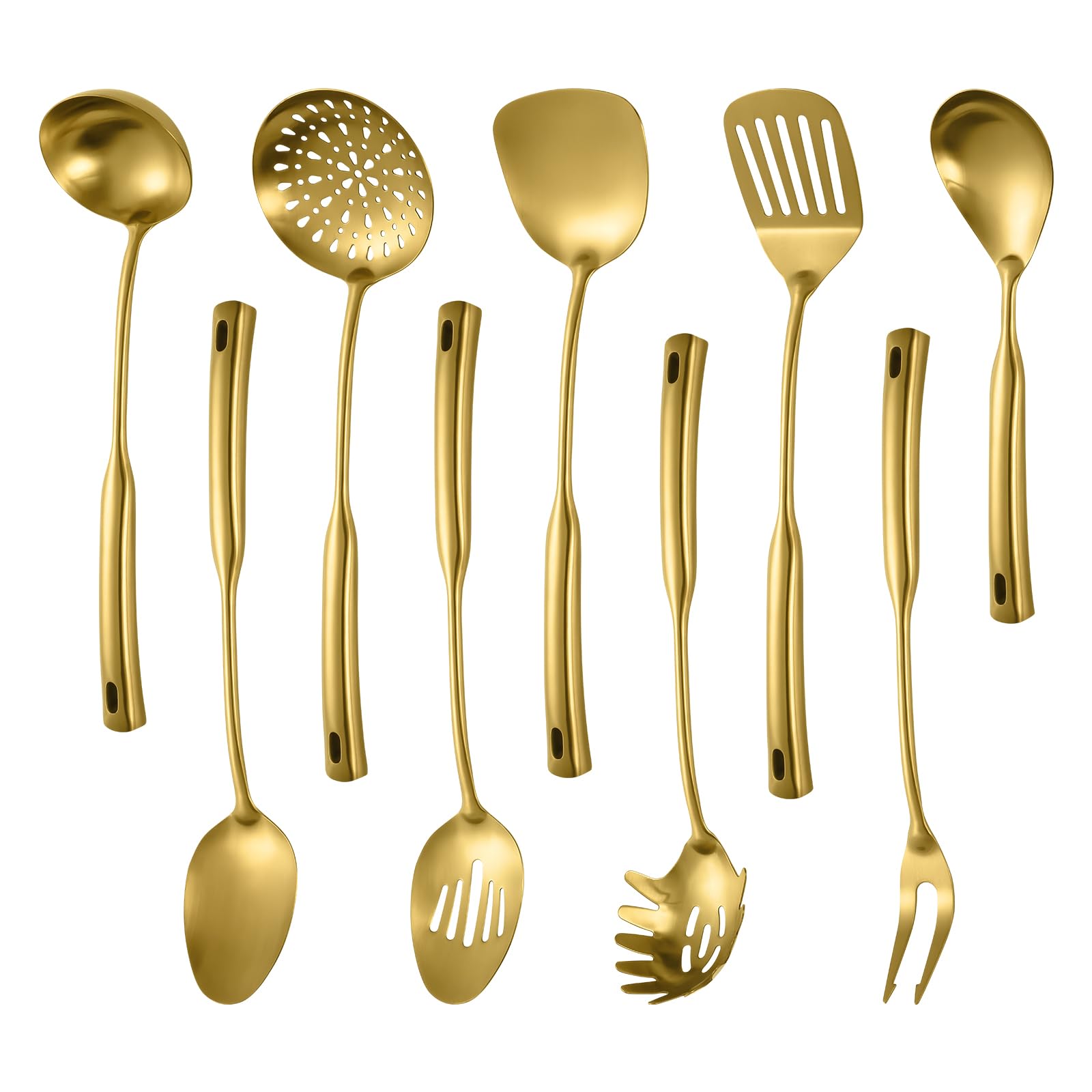 304 Stainless Steel Kitchen Cooking Utensils Set - 9 PCS Serving Utensils, Include Skimmer, Soup Ladle, Spaghetti Server, Wok Spatula, Slotted & Solid Spoon, Slotted Spatula Turner, Meat Fork (Gold）