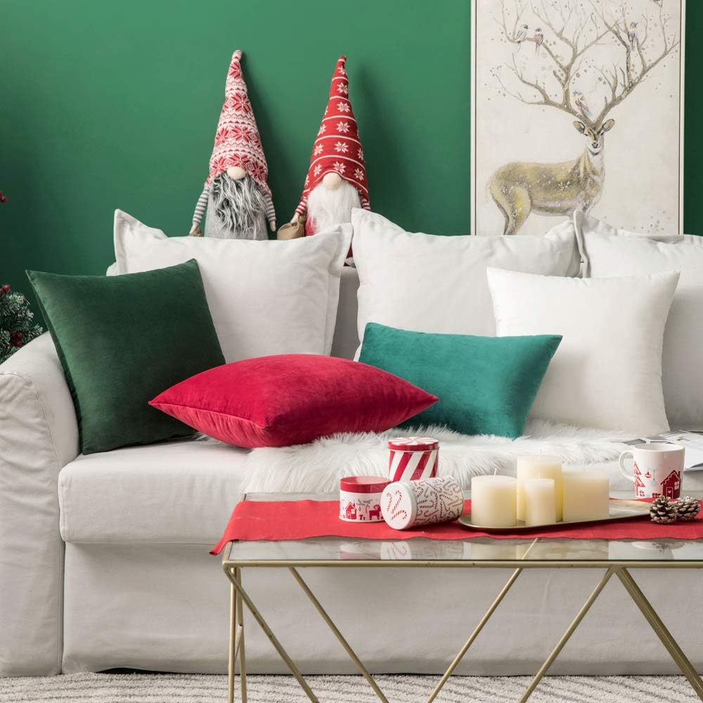MIULEE Green Velvet Throw Pillow Covers - Soft Decorative Square Cushion Cases | 12x12 Inch Set for Couch & Bedroom