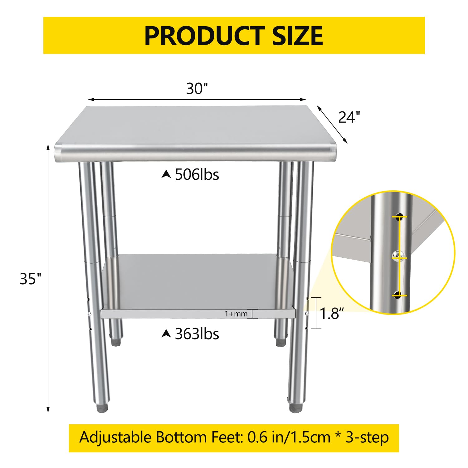 GarveeTech Stainless Steel Food Prep Table, 24 x 30 in NSF Commercial Kitchen Metal Table with Adjustable Lower Shelf and Plastic Feet, Steel Work Prep Table for Restaurant Home Hotel