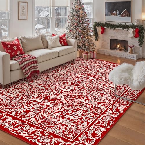 Red Christmas Area Rug 8x10 Reindeer Non Slip Washable Holiday Carpet - Reindeer | Red / 8' x 10'