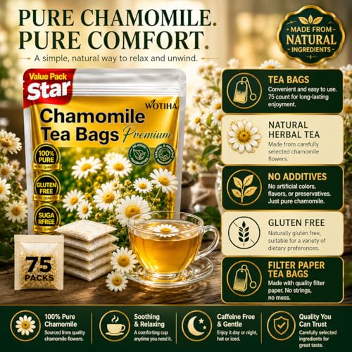WOTIHA Premium Chamomile Tea Bags, 100% Pure Herbal Flowers, 75 Count