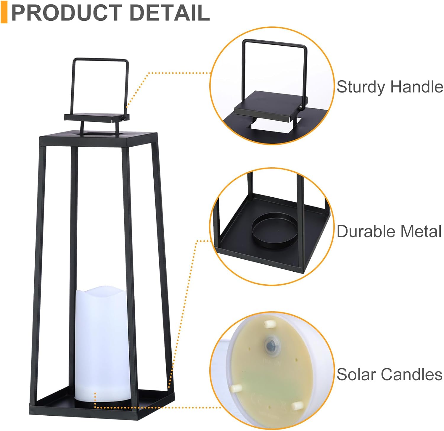 Skiennix Solar Lantern Set of 2 - Modern Black Metal Lanterns with Solar Candles for Outdoor Decor (18’’ & 15’’)