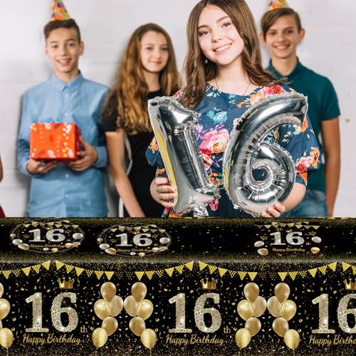 16th Birthday Decorations Set - Black Gold Party Supplies for Teens