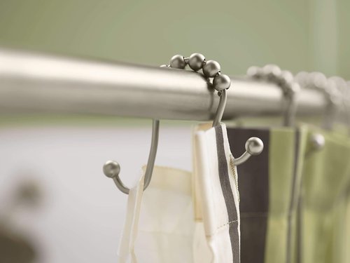 Moen SR2201BN Shower Curtain Rings (Pack of 12), Brushed Nickel AND Moen CSR2164BN 72 in. Permanent Mount Adjustable Curved Shower Rod, Brushed Nickel