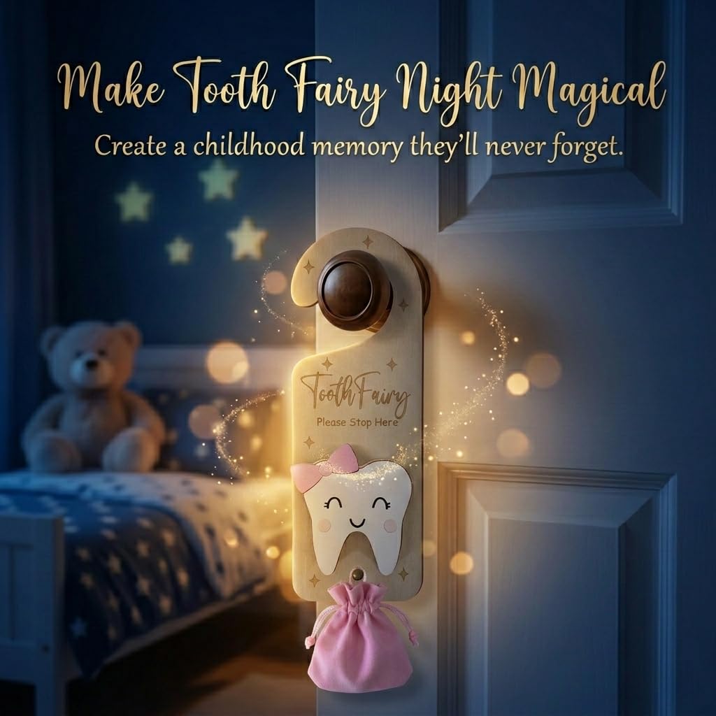 PAMBO Tooth Fairy Door Hanger, Wooden Tooth Fairy Money Holder with Tooth Coins for Lost Tooth Kids Gifts (Pink)