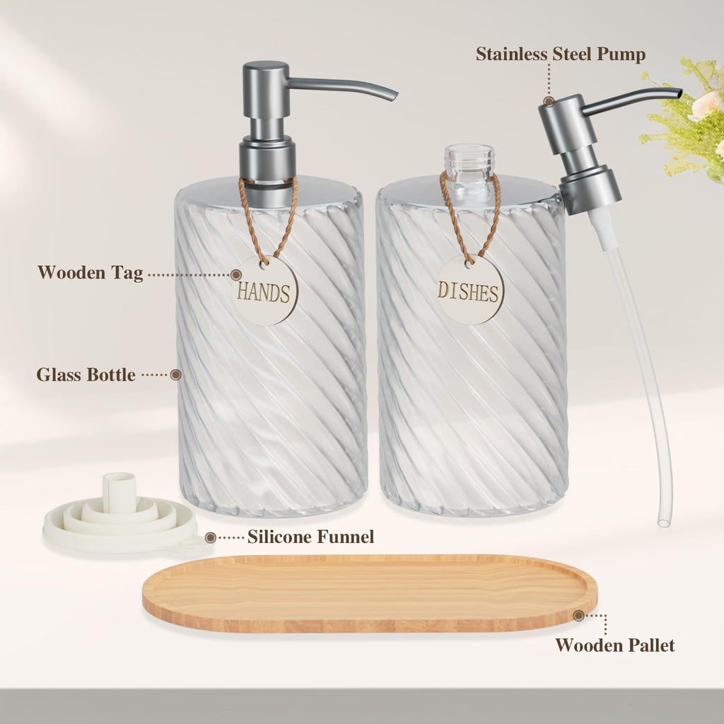 18Oz Spiral Stripe Soap Dispenser Set - Silver Stainless Steel Pump with Wood Tray, Refillable for Kitchen Sink & Bathroom Vanity, Dish Liquid & Hand Soap Storage Solution