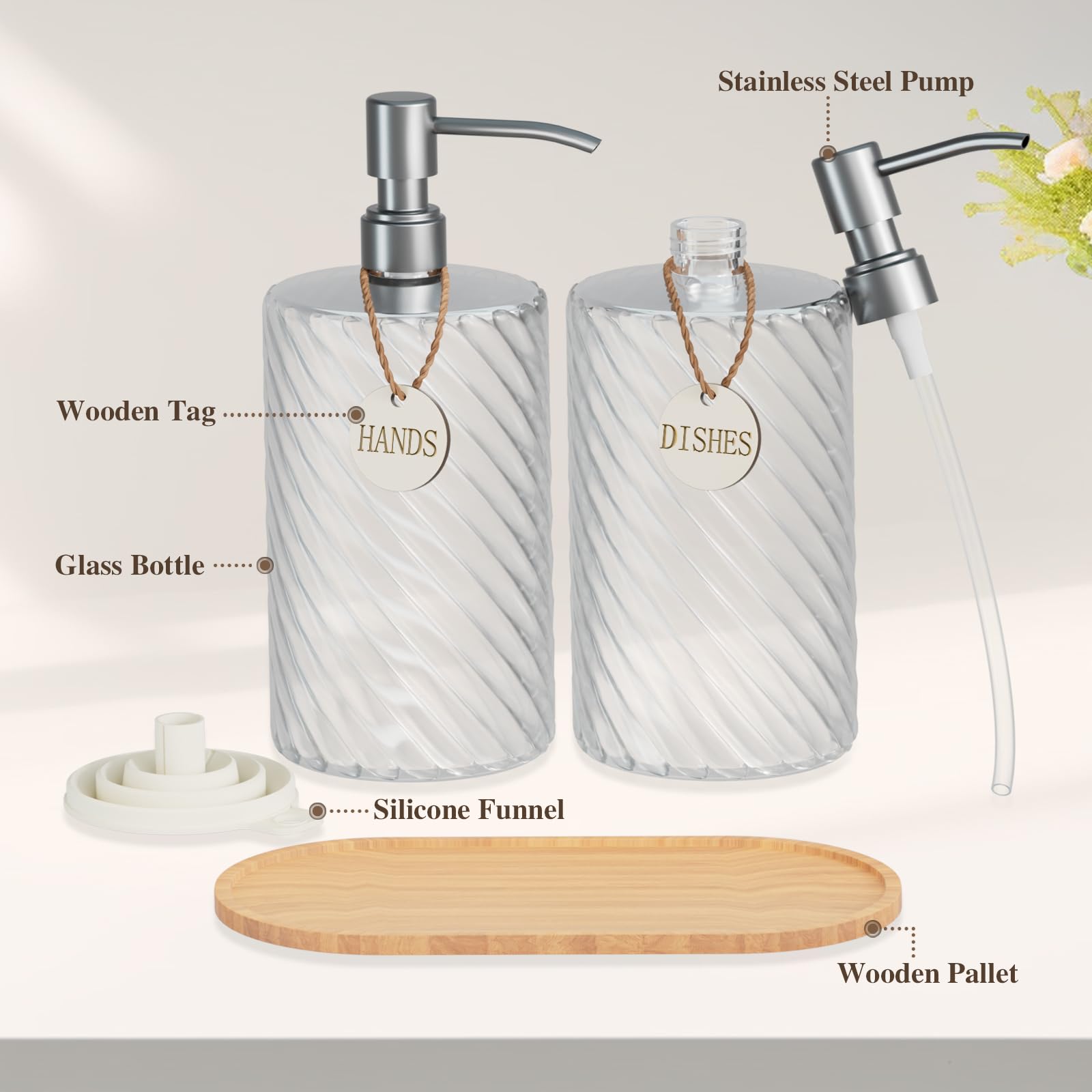 18Oz Spiral Stripe Soap Dispenser Set - Silver Stainless Steel Pump with Wood Tray, Refillable for Kitchen Sink & Bathroom Vanity, Dish Liquid & Hand Soap Storage Solution