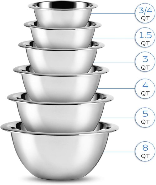 EATEX Stainless Steel Mixing Bowls - Set of 6 Nesting Bowls with Measuring Cups & Spoons | Ideal for Cooking & Baking