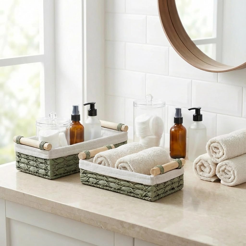 Regine Switzerland Set of 2 Green Bathroom Basket Organizers - Stylish Wicker Storage Baskets with Liner for Towels & Toiletries