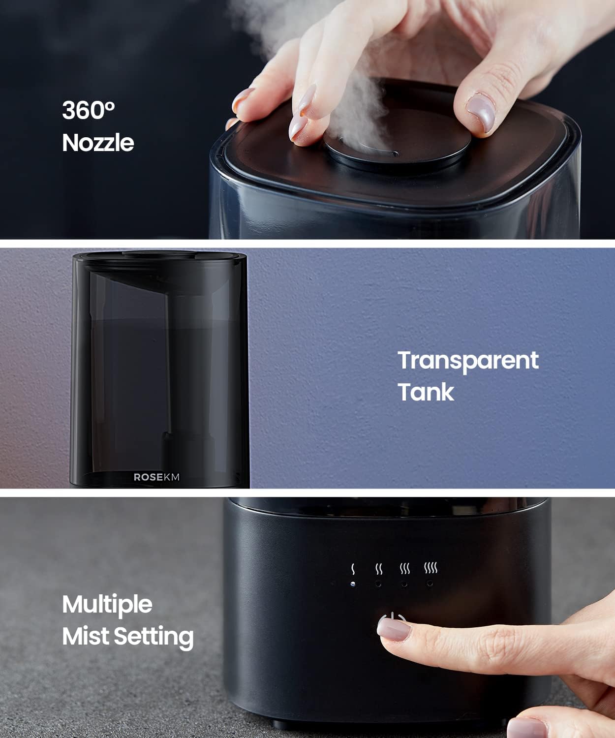 ROSEKM Cool Mist Humidifier - 2.0L Ultrasonic Design for Bedroom & Nursery | Quiet, Filterless, Auto Shut-Off, Black