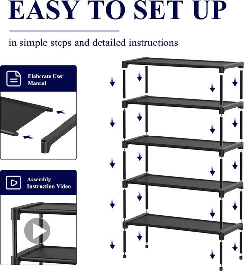 Kitsure Shoe Rack - Stackable 5-Tier Non-Woven Shoe Organizer for Closet & Entryway - 27.5" Wide, Black