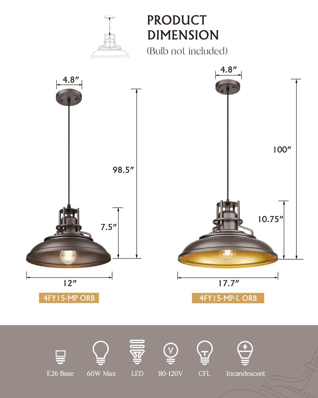 FEMILA Farmhouse Pendant Light,12" Barn Vintage Hanging Light Fixture for Kitchen Island, Adjustable Height,Oil Rubbed Bronze Finish, 4FY15-MP ORB