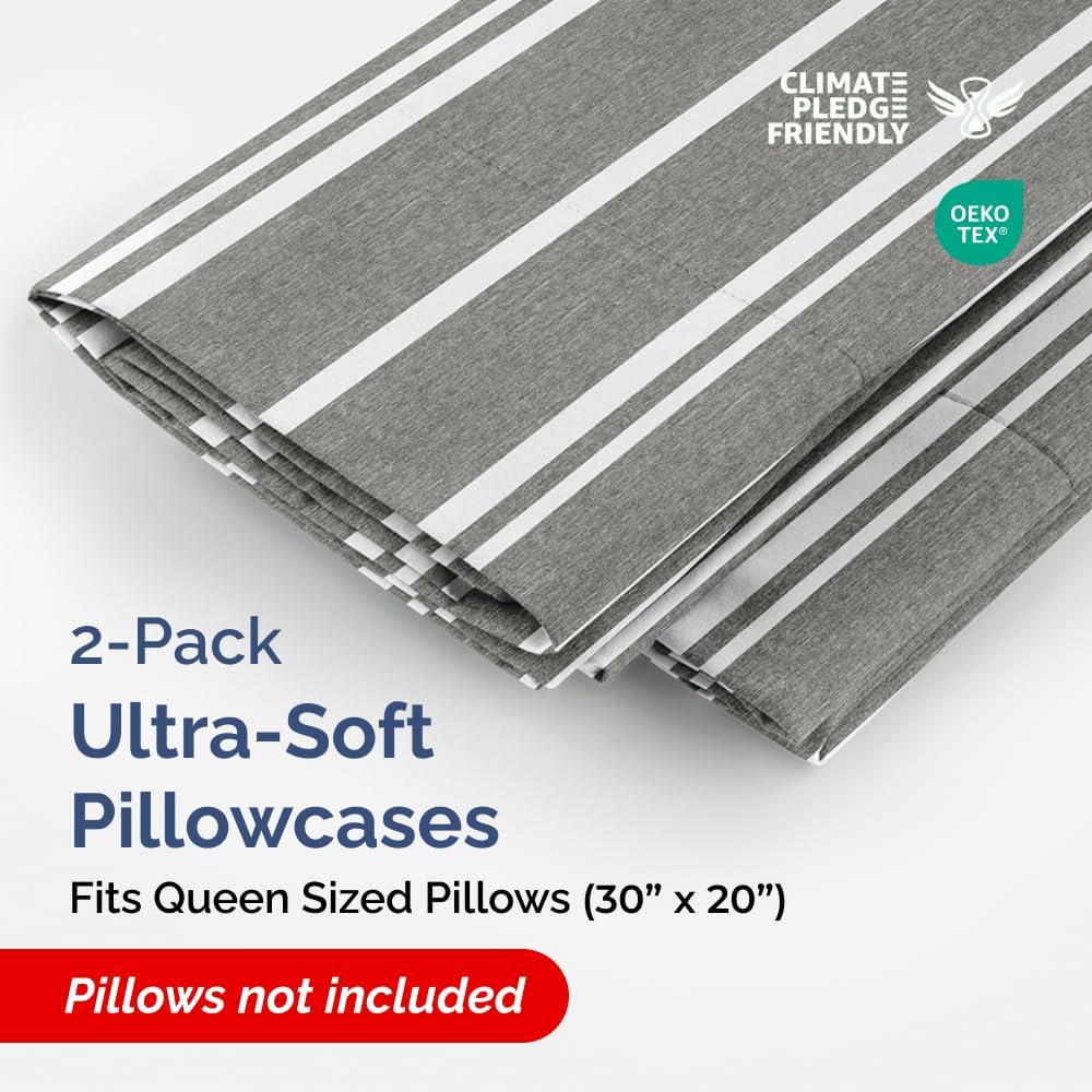 Skiennix Queen Pillow Cases Set of 2 - Ultra Soft Hotel Quality - Wrinkle Free & Fade Resistant - Grey Stripes