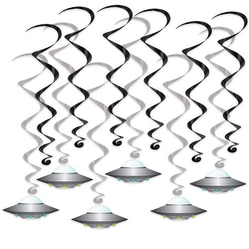 Beistle Flying Saucer Whirls – 24 Pack, Black & Silver Hanging Swirl Decorations with UFO Cutouts, Space-Themed Ceiling Décor for Alien Parties, Sci-Fi Events & Cosmic Galaxy Celebrations, 17½"–25"