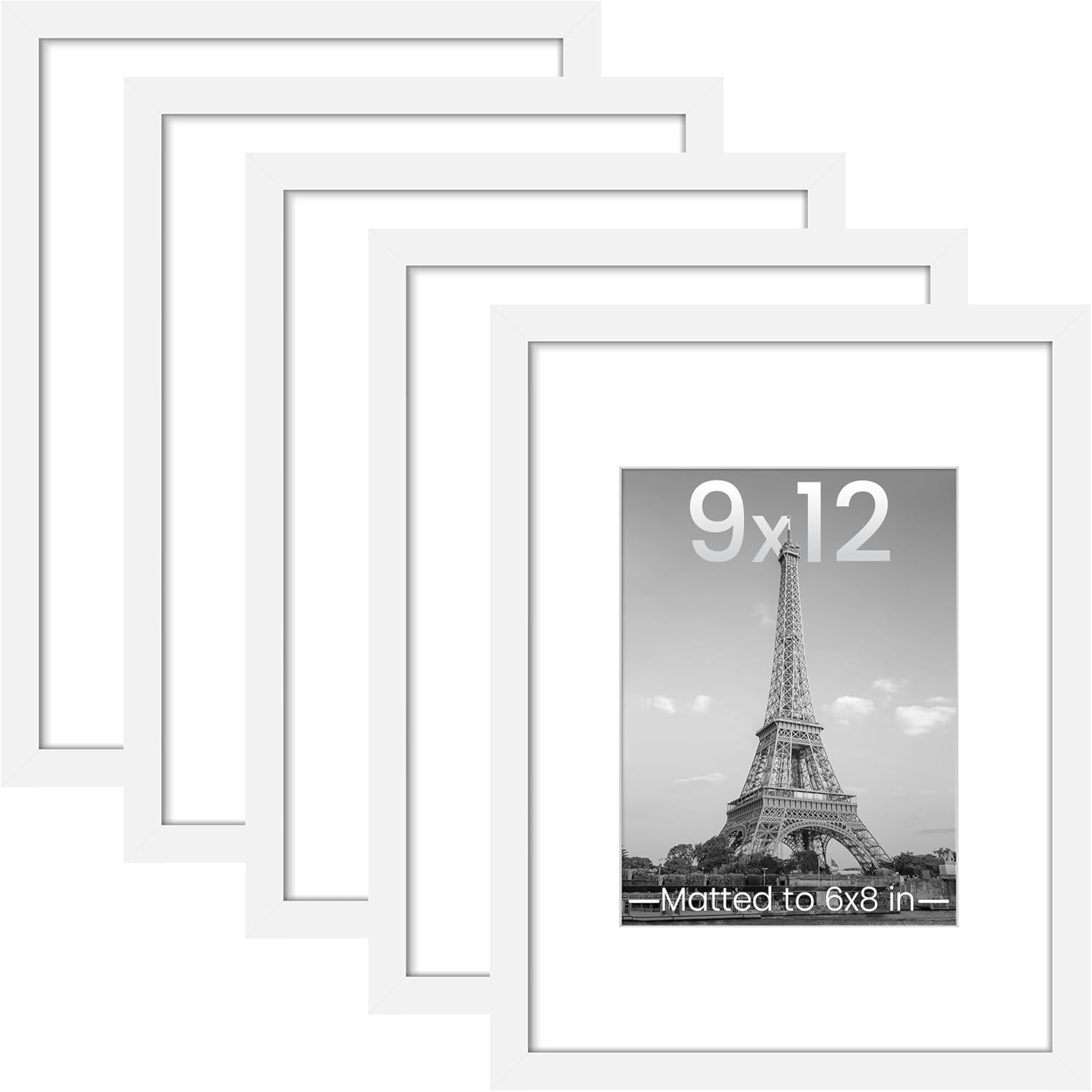 Upsimples 9x12 Picture Frame Set of 5 - Versatile Wall Gallery Frames for 6x8 or 9x12 Photos - White