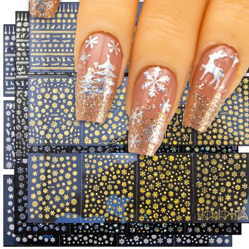 Nudurom 36 Sheets Christmas Snowflake Nail Stickers, Self-Adhesive Winter Holiday Nail Art Decals in White Silver Gold
