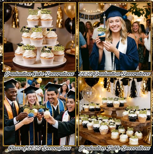 Graduation Cupcake Toppers 2026 - 36 Pcs Black & Gold Decor