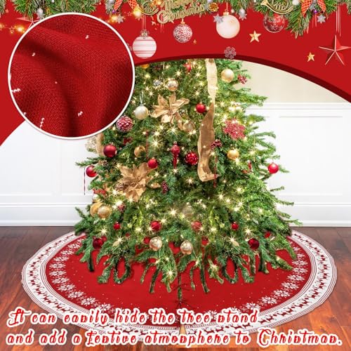 72-Inch Red Christmas Tree Skirt with Snowflakes and Reindeer, Extra Large Farmhouse Holiday Decor