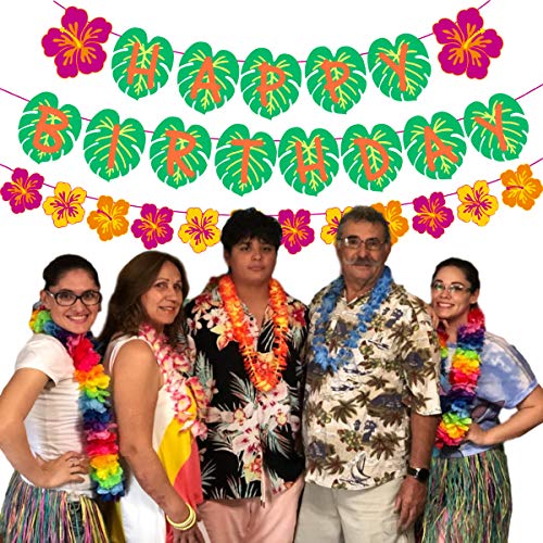 Tropical Luau Happy Birthday Banner with Palm Leaves & Flowers