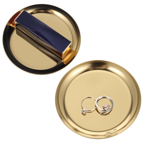 2 Pack 4 Inch Gold Round Serving Trays, Stainless Steel Decorative Jewelry Tray Vanity Tray Candle Drink Plate Small Storage Organizer Trays for Bathroom Candle, Perfume, Countertop