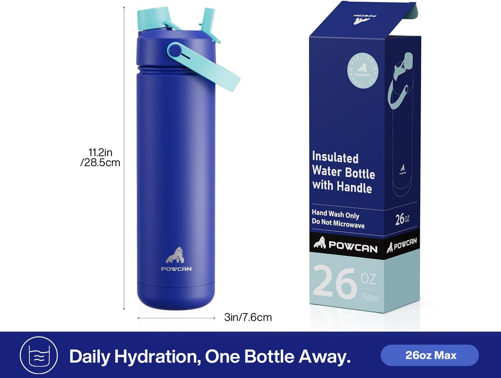 POWCAN 26 oz Insulated Water Bottle - 2-in-1 Straw & Spout Lid | Keeps Drinks Cold 24H, Leak-Proof, Fits Car Cup Holder (Coastline)
