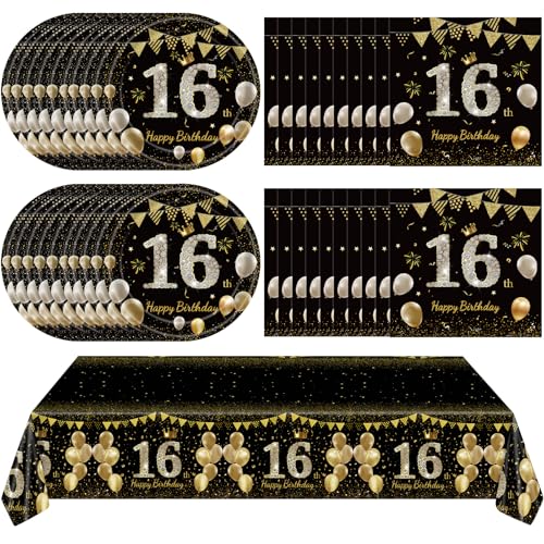 16th Birthday Decorations Set - Black Gold Party Supplies for Teens