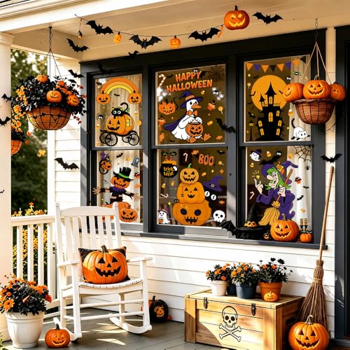 8 Sheets Halloween Window Clings Decor - Spooky Ghosts, Pumpkins & Bats